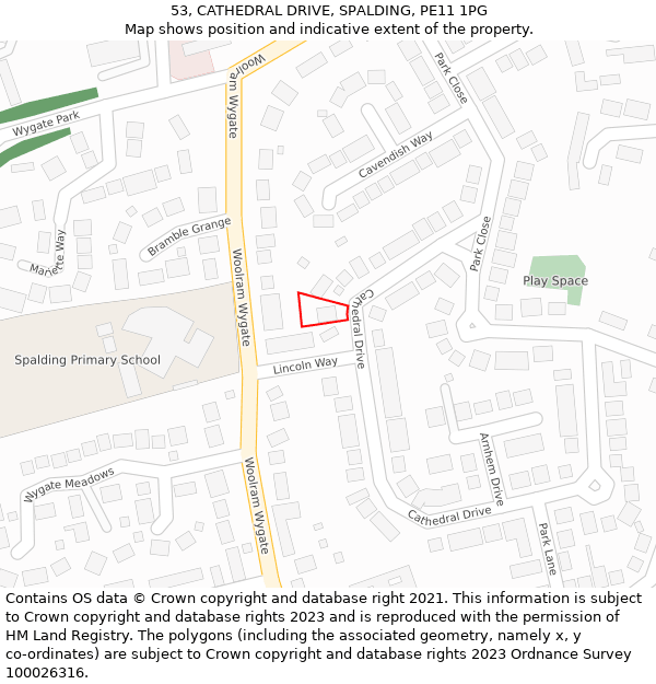 53, CATHEDRAL DRIVE, SPALDING, PE11 1PG: Location map and indicative extent of plot