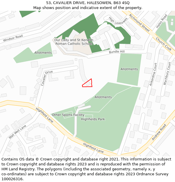 53, CAVALIER DRIVE, HALESOWEN, B63 4SQ: Location map and indicative extent of plot