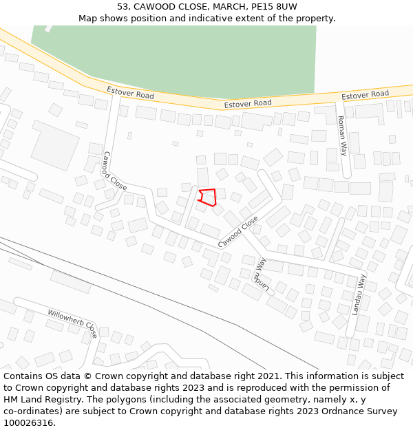 53, CAWOOD CLOSE, MARCH, PE15 8UW: Location map and indicative extent of plot