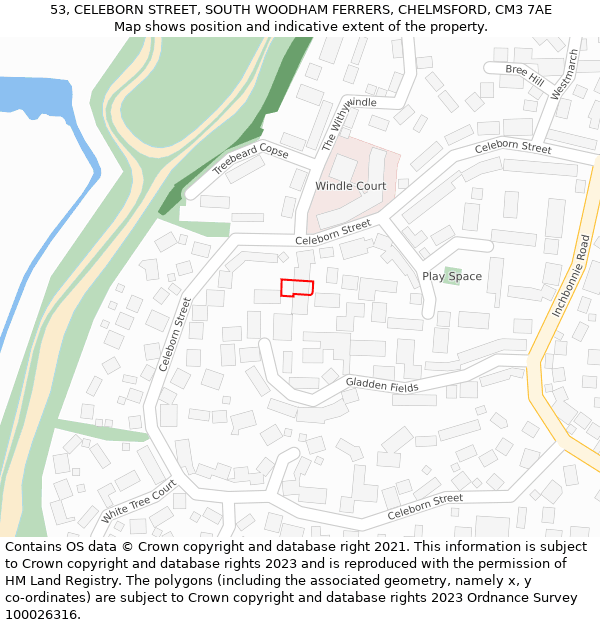 53, CELEBORN STREET, SOUTH WOODHAM FERRERS, CHELMSFORD, CM3 7AE: Location map and indicative extent of plot