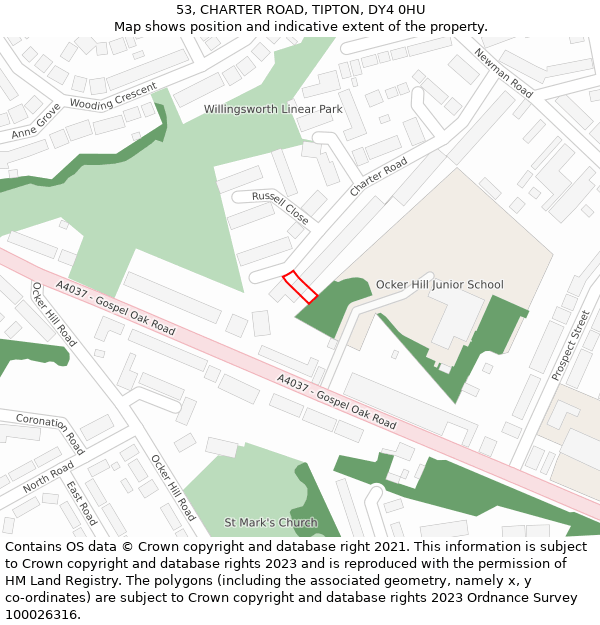 53, CHARTER ROAD, TIPTON, DY4 0HU: Location map and indicative extent of plot