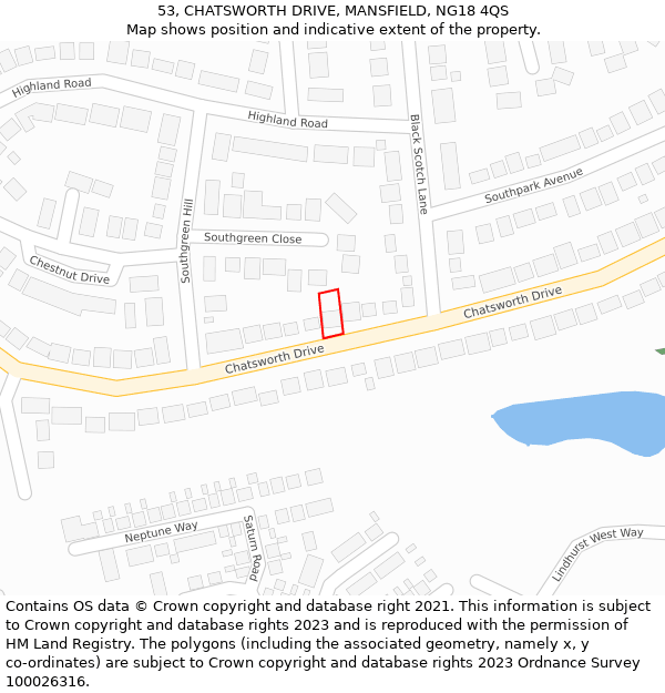 53, CHATSWORTH DRIVE, MANSFIELD, NG18 4QS: Location map and indicative extent of plot