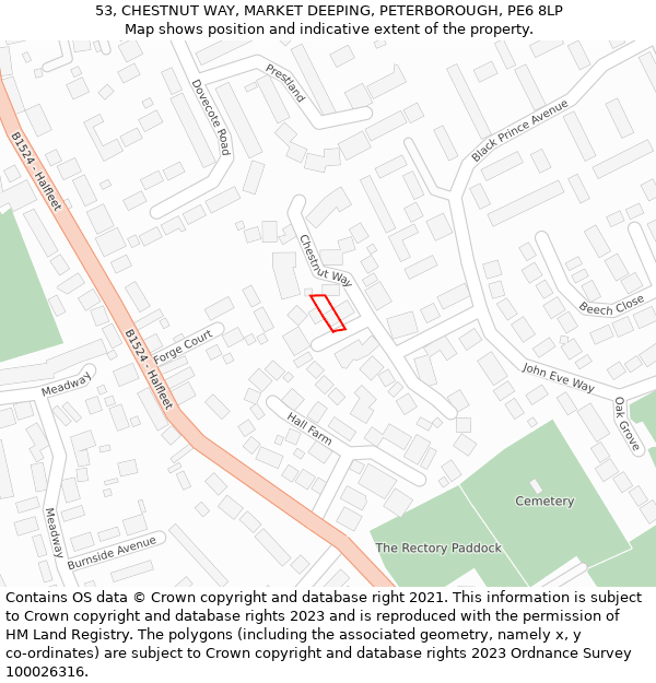 53, CHESTNUT WAY, MARKET DEEPING, PETERBOROUGH, PE6 8LP: Location map and indicative extent of plot