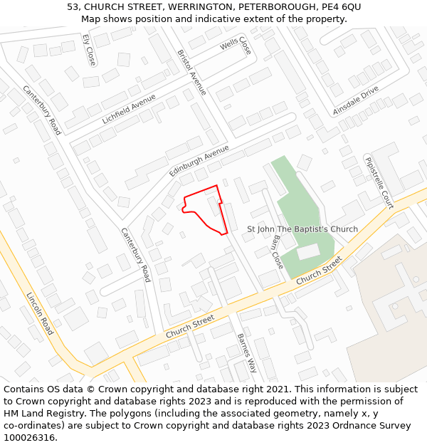 53, CHURCH STREET, WERRINGTON, PETERBOROUGH, PE4 6QU: Location map and indicative extent of plot