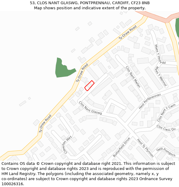 53, CLOS NANT GLASWG, PONTPRENNAU, CARDIFF, CF23 8NB: Location map and indicative extent of plot