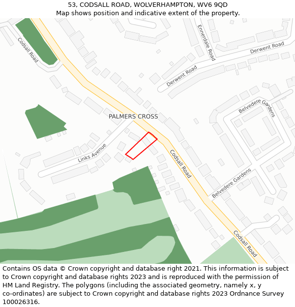 53, CODSALL ROAD, WOLVERHAMPTON, WV6 9QD: Location map and indicative extent of plot