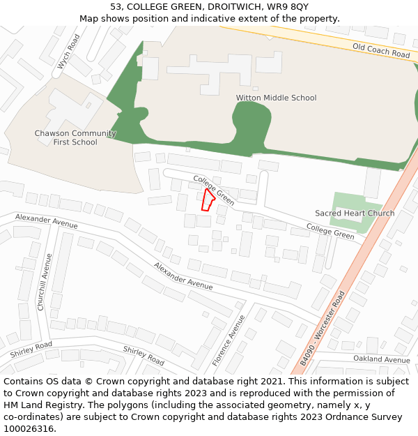 53, COLLEGE GREEN, DROITWICH, WR9 8QY: Location map and indicative extent of plot