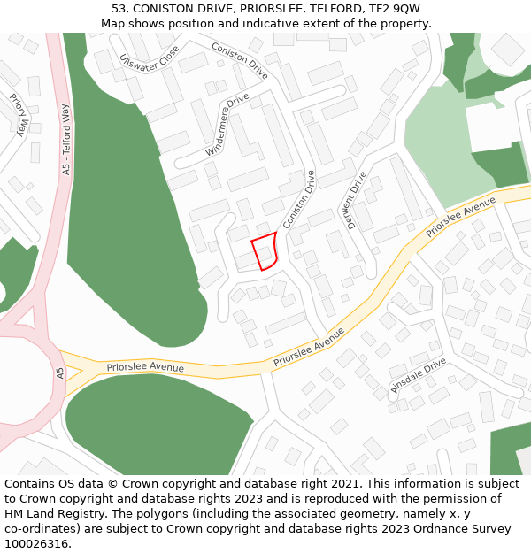 53, CONISTON DRIVE, PRIORSLEE, TELFORD, TF2 9QW: Location map and indicative extent of plot