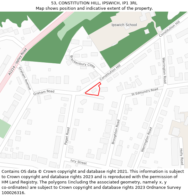 53, CONSTITUTION HILL, IPSWICH, IP1 3RL: Location map and indicative extent of plot