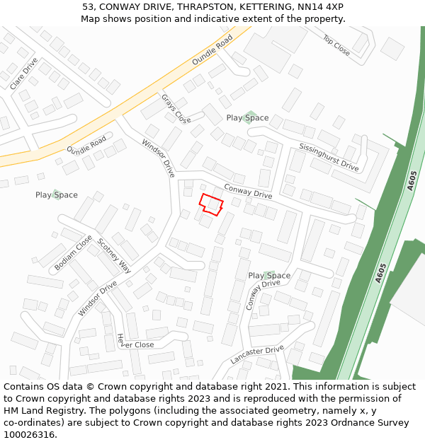 53, CONWAY DRIVE, THRAPSTON, KETTERING, NN14 4XP: Location map and indicative extent of plot