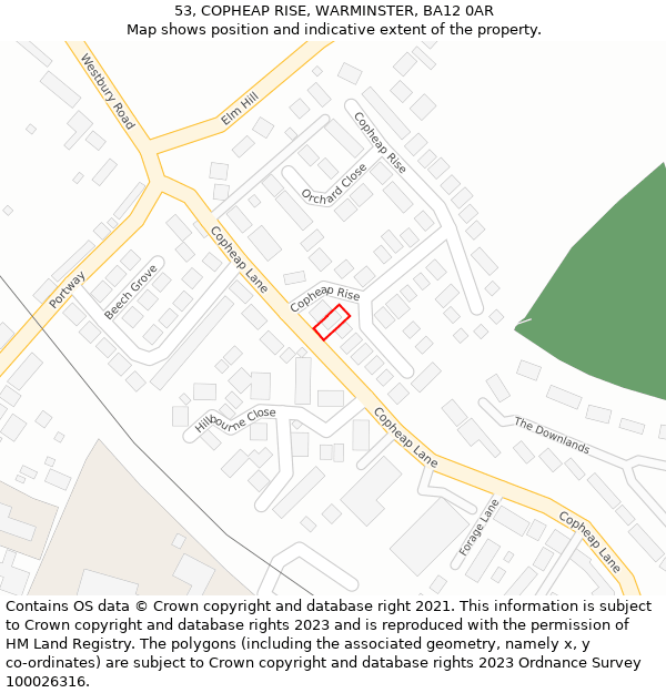 53, COPHEAP RISE, WARMINSTER, BA12 0AR: Location map and indicative extent of plot