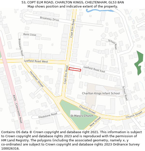 53, COPT ELM ROAD, CHARLTON KINGS, CHELTENHAM, GL53 8AN: Location map and indicative extent of plot