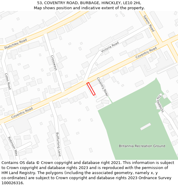 53, COVENTRY ROAD, BURBAGE, HINCKLEY, LE10 2HL: Location map and indicative extent of plot