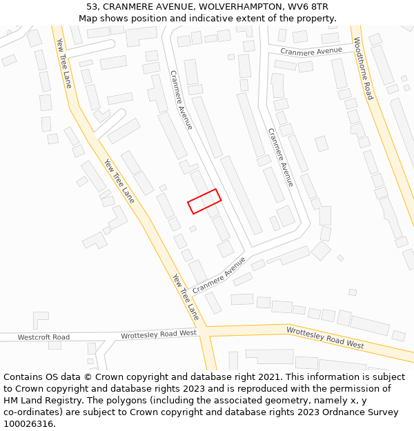 53, CRANMERE AVENUE, WOLVERHAMPTON, WV6 8TR: Location map and indicative extent of plot