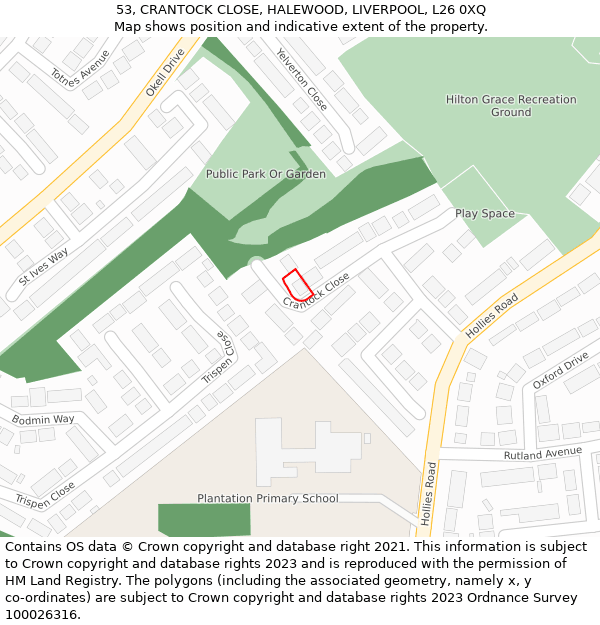 53, CRANTOCK CLOSE, HALEWOOD, LIVERPOOL, L26 0XQ: Location map and indicative extent of plot