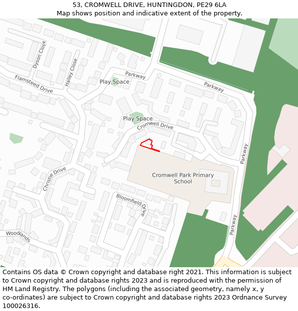 53, CROMWELL DRIVE, HUNTINGDON, PE29 6LA: Location map and indicative extent of plot