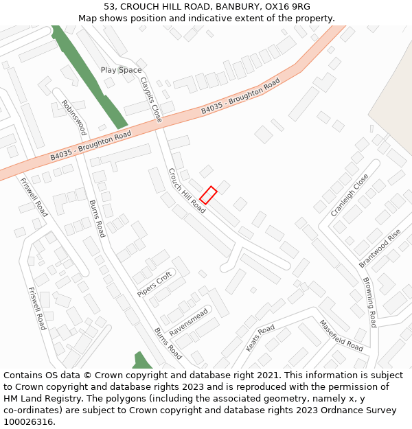 53, CROUCH HILL ROAD, BANBURY, OX16 9RG: Location map and indicative extent of plot