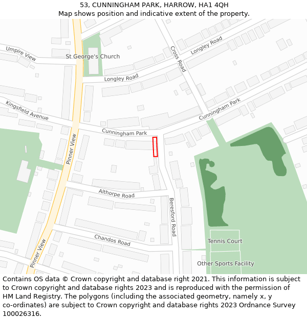 53, CUNNINGHAM PARK, HARROW, HA1 4QH: Location map and indicative extent of plot