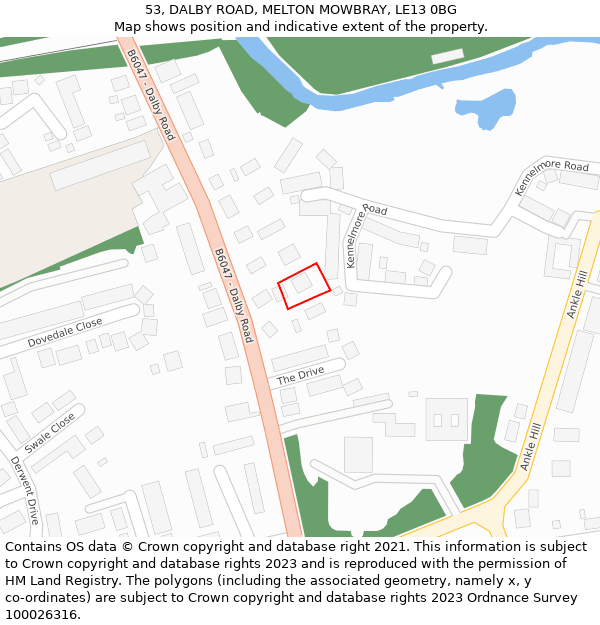 53, DALBY ROAD, MELTON MOWBRAY, LE13 0BG: Location map and indicative extent of plot