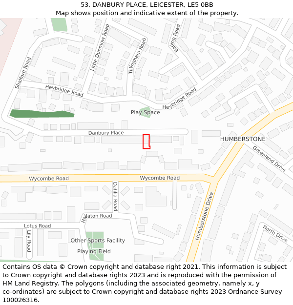 53, DANBURY PLACE, LEICESTER, LE5 0BB: Location map and indicative extent of plot