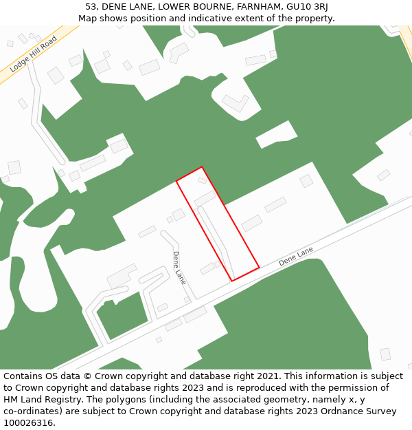 53, DENE LANE, LOWER BOURNE, FARNHAM, GU10 3RJ: Location map and indicative extent of plot