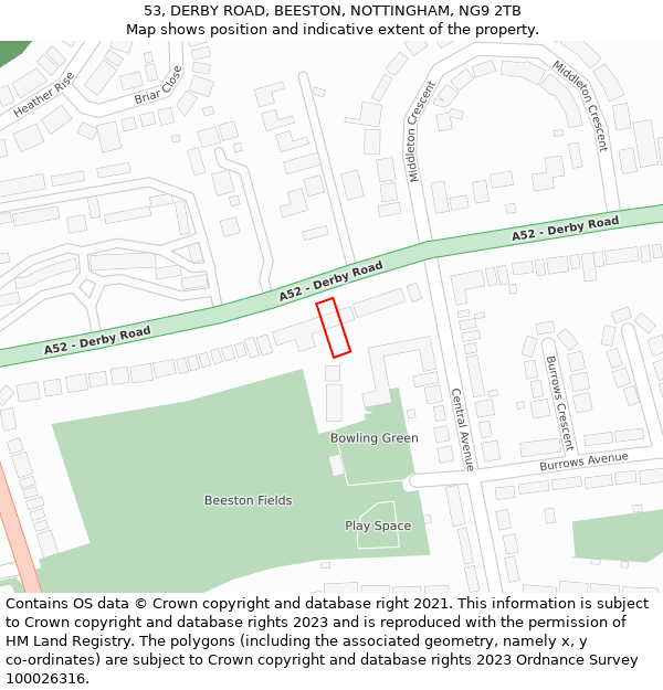 53, DERBY ROAD, BEESTON, NOTTINGHAM, NG9 2TB: Location map and indicative extent of plot