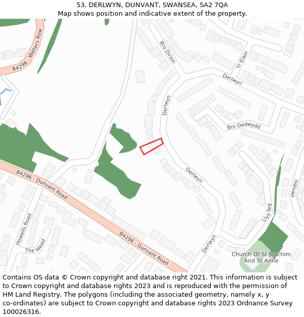 53, DERLWYN, DUNVANT, SWANSEA, SA2 7QA: Location map and indicative extent of plot