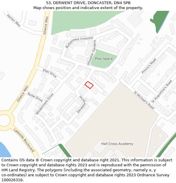 53, DERWENT DRIVE, DONCASTER, DN4 5PB: Location map and indicative extent of plot