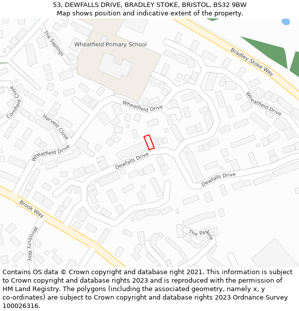 53, DEWFALLS DRIVE, BRADLEY STOKE, BRISTOL, BS32 9BW: Location map and indicative extent of plot