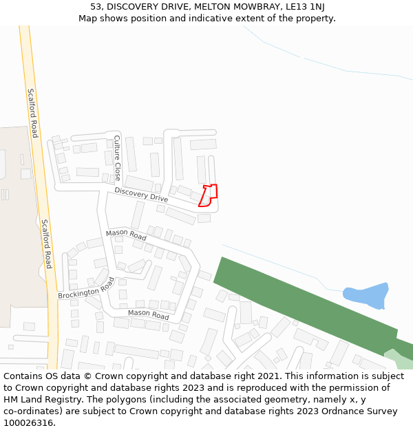 53, DISCOVERY DRIVE, MELTON MOWBRAY, LE13 1NJ: Location map and indicative extent of plot