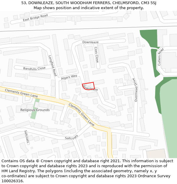 53, DOWNLEAZE, SOUTH WOODHAM FERRERS, CHELMSFORD, CM3 5SJ: Location map and indicative extent of plot