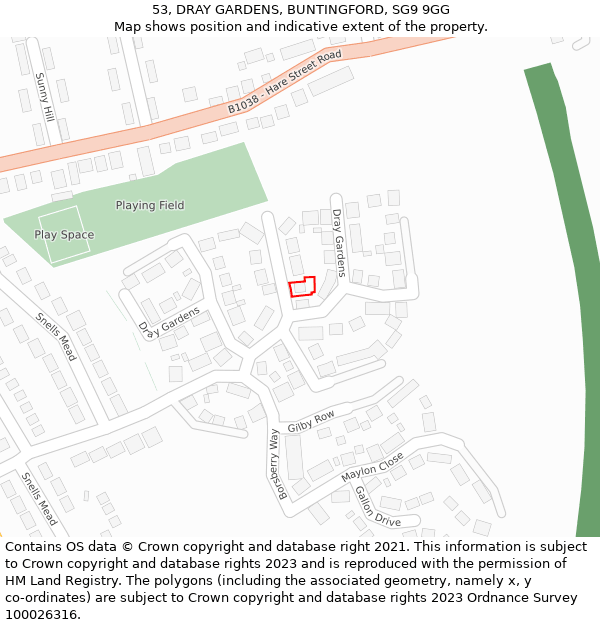 53, DRAY GARDENS, BUNTINGFORD, SG9 9GG: Location map and indicative extent of plot