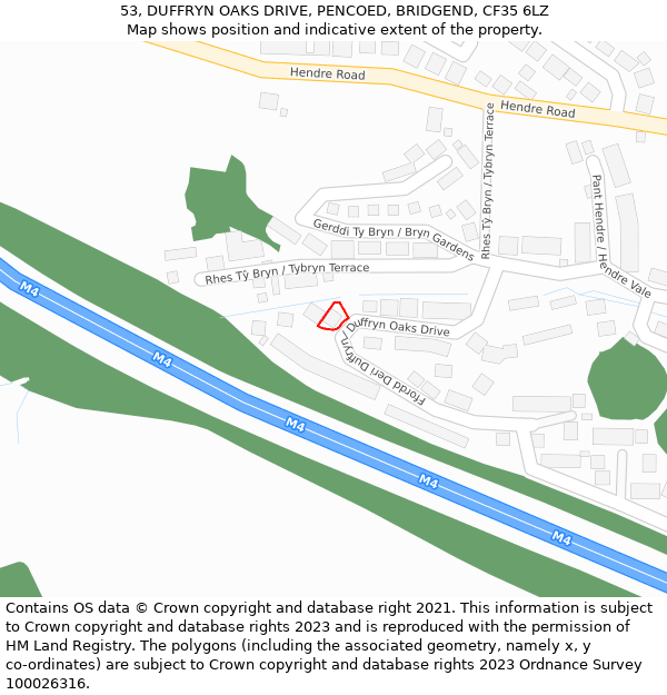 53, DUFFRYN OAKS DRIVE, PENCOED, BRIDGEND, CF35 6LZ: Location map and indicative extent of plot