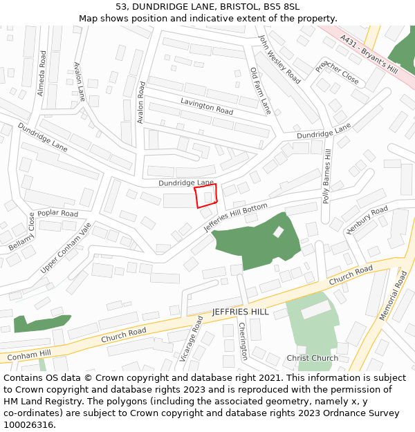 53, DUNDRIDGE LANE, BRISTOL, BS5 8SL: Location map and indicative extent of plot