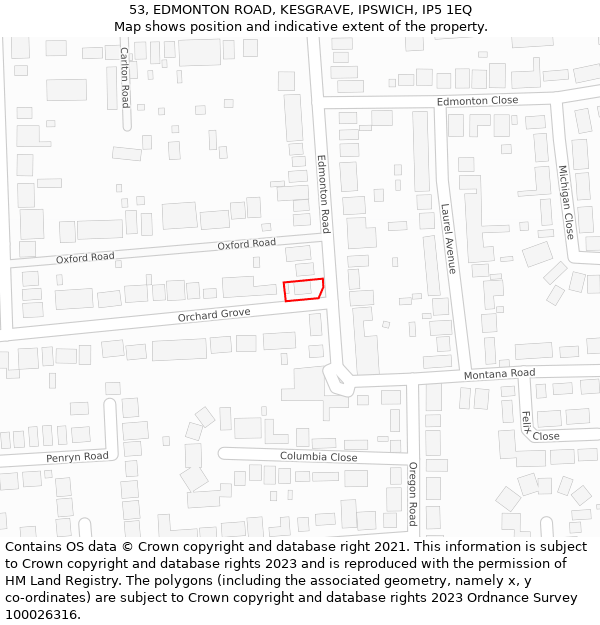 53, EDMONTON ROAD, KESGRAVE, IPSWICH, IP5 1EQ: Location map and indicative extent of plot