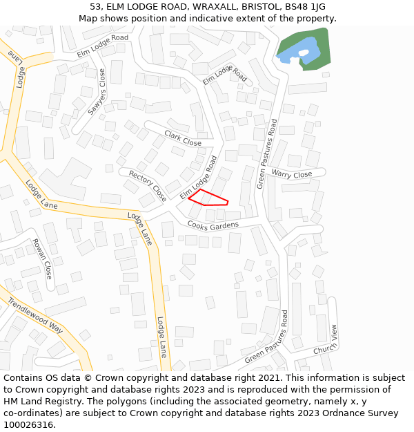 53, ELM LODGE ROAD, WRAXALL, BRISTOL, BS48 1JG: Location map and indicative extent of plot