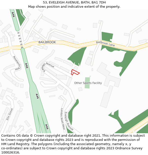 53, EVELEIGH AVENUE, BATH, BA1 7DH: Location map and indicative extent of plot