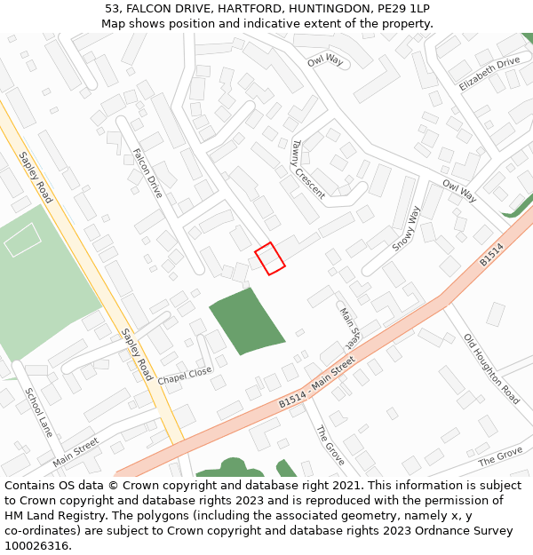 53, FALCON DRIVE, HARTFORD, HUNTINGDON, PE29 1LP: Location map and indicative extent of plot