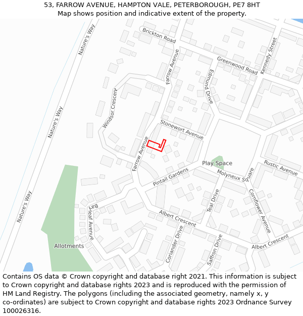 53, FARROW AVENUE, HAMPTON VALE, PETERBOROUGH, PE7 8HT: Location map and indicative extent of plot