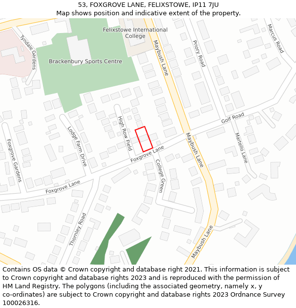 53, FOXGROVE LANE, FELIXSTOWE, IP11 7JU: Location map and indicative extent of plot