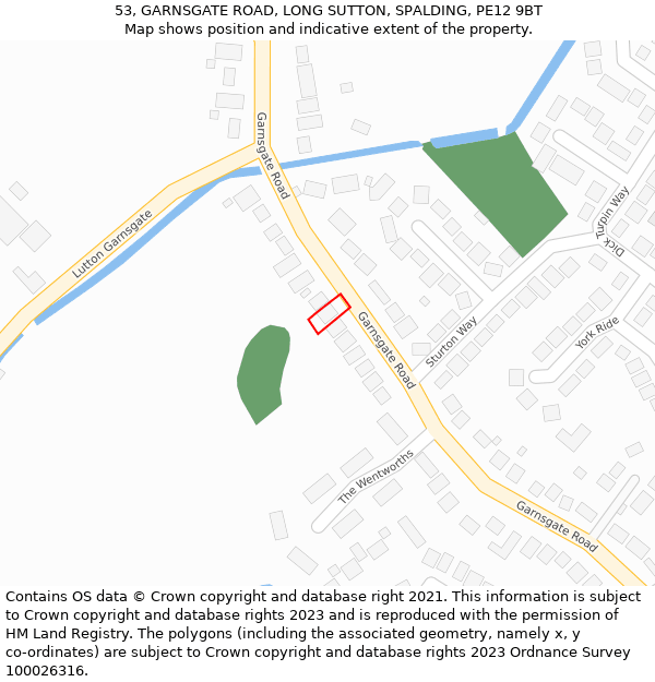 53, GARNSGATE ROAD, LONG SUTTON, SPALDING, PE12 9BT: Location map and indicative extent of plot