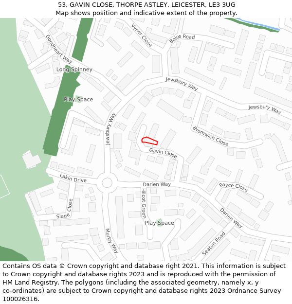 53, GAVIN CLOSE, THORPE ASTLEY, LEICESTER, LE3 3UG: Location map and indicative extent of plot