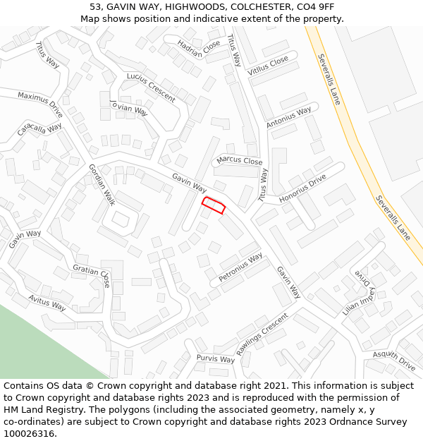 53, GAVIN WAY, HIGHWOODS, COLCHESTER, CO4 9FF: Location map and indicative extent of plot