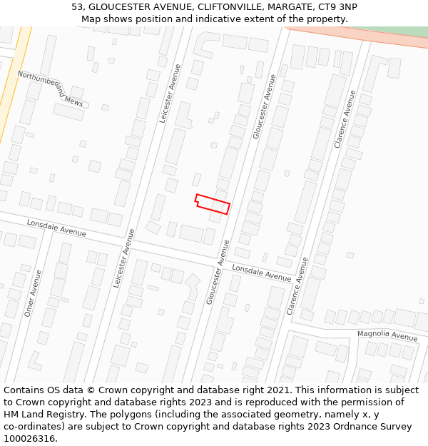 53, GLOUCESTER AVENUE, CLIFTONVILLE, MARGATE, CT9 3NP: Location map and indicative extent of plot