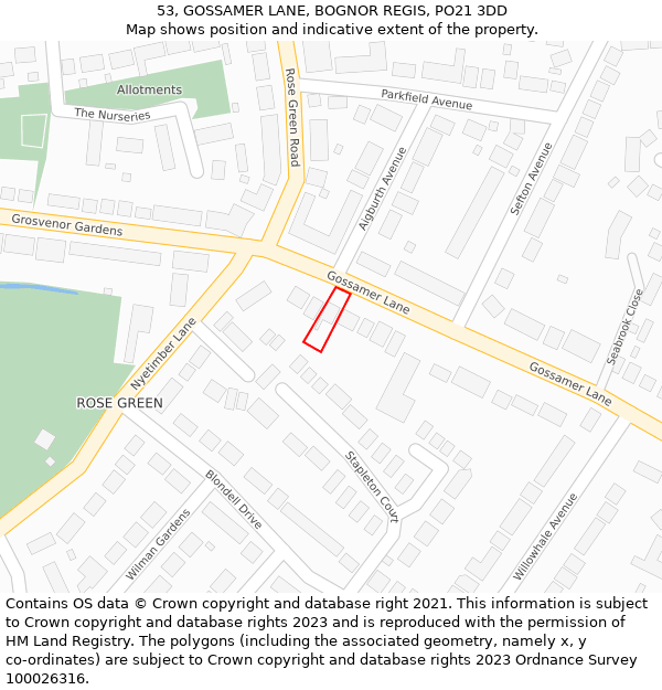 53, GOSSAMER LANE, BOGNOR REGIS, PO21 3DD: Location map and indicative extent of plot