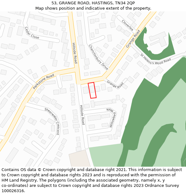 53, GRANGE ROAD, HASTINGS, TN34 2QP: Location map and indicative extent of plot