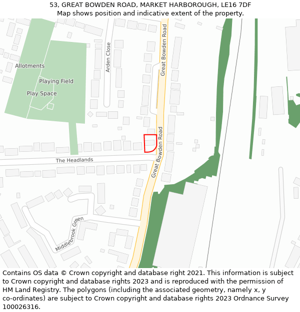 53, GREAT BOWDEN ROAD, MARKET HARBOROUGH, LE16 7DF: Location map and indicative extent of plot