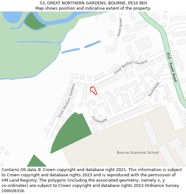 53, GREAT NORTHERN GARDENS, BOURNE, PE10 9EH: Location map and indicative extent of plot