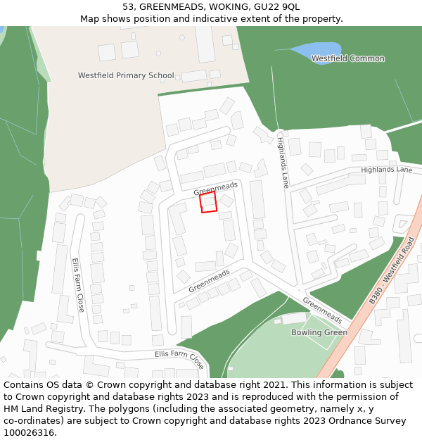 53, GREENMEADS, WOKING, GU22 9QL: Location map and indicative extent of plot
