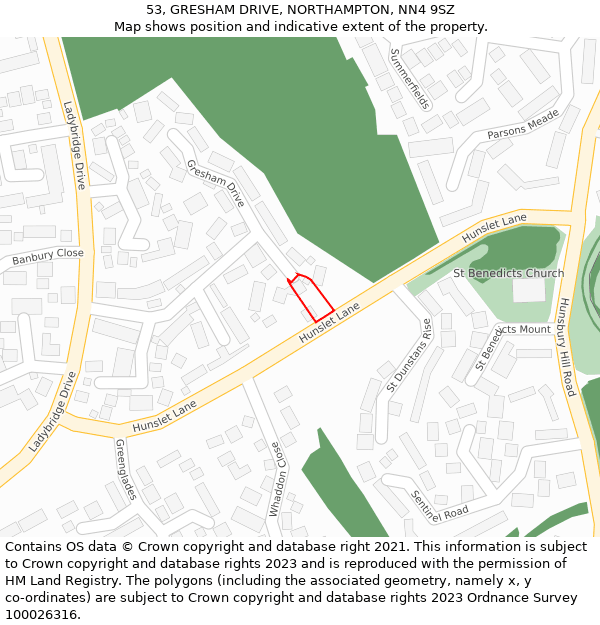 53, GRESHAM DRIVE, NORTHAMPTON, NN4 9SZ: Location map and indicative extent of plot